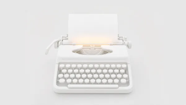 Macchina da scrivere bianca opaca con tasti senza lettere e un foglio bianco nel rullo, illuminato da un tenue bagliore ambra