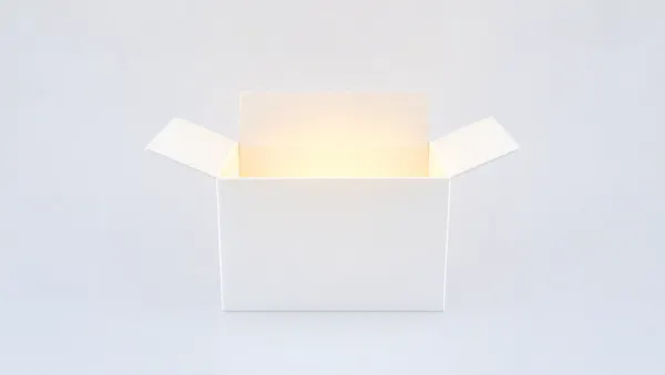 Scatola di spedizione aperta in materiale bianco opaco con un bagliore caldo che sale dall'interno