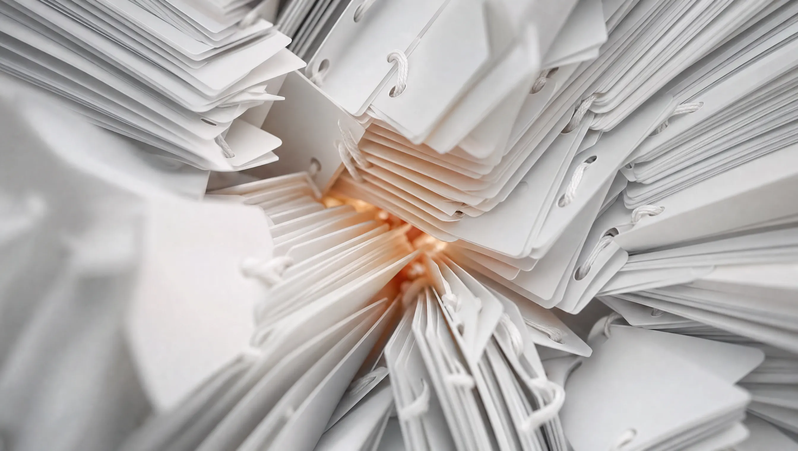 Macro di una fitta pila di cartellini prodotto bianchi opachi con cordini, stratificati e a ventaglio come pagine di un archivio, che riempiono tutto il fotogramma e convergono verso un tenue bagliore ambra al centro