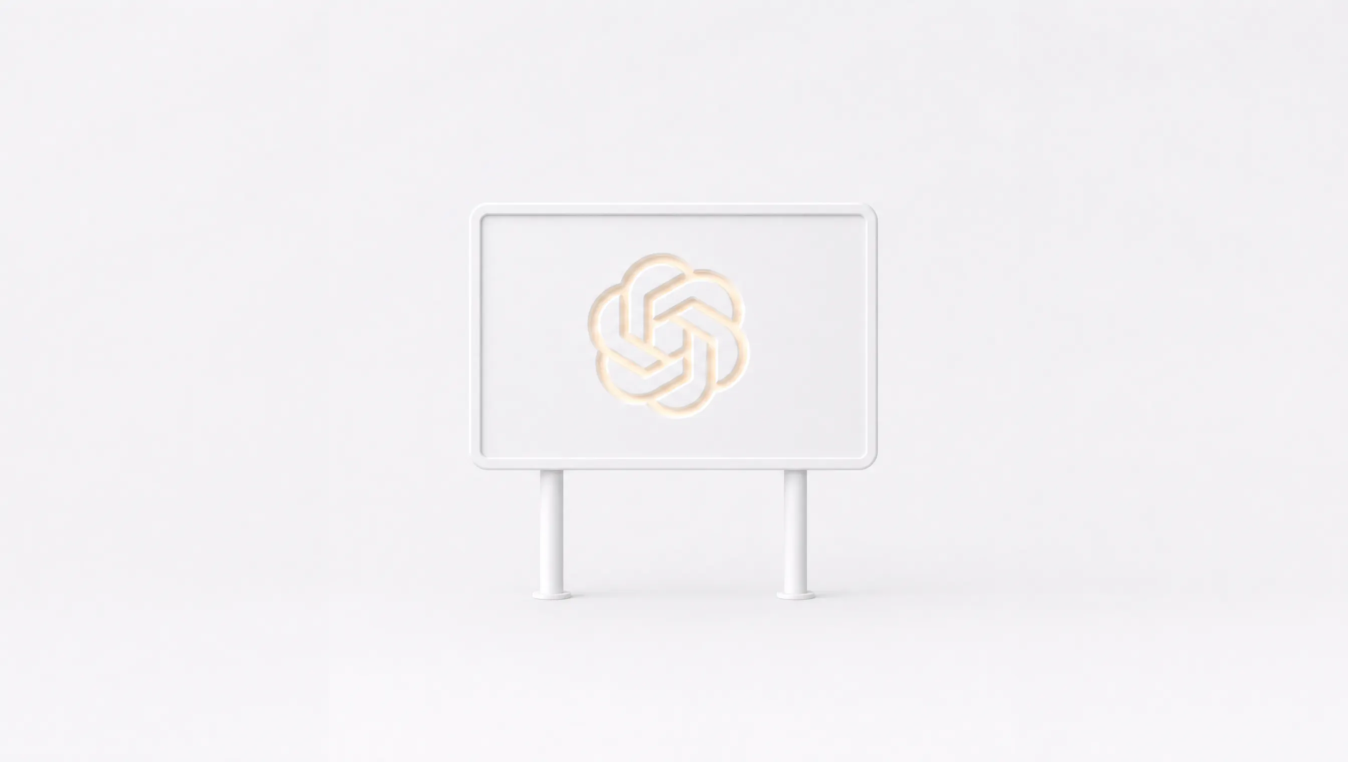 Cartellone pubblicitario vuoto scolpito in materiale bianco opaco, su fondo chiaro, con l'emblema di OpenAI inciso al centro del pannello e illuminato di ambra
