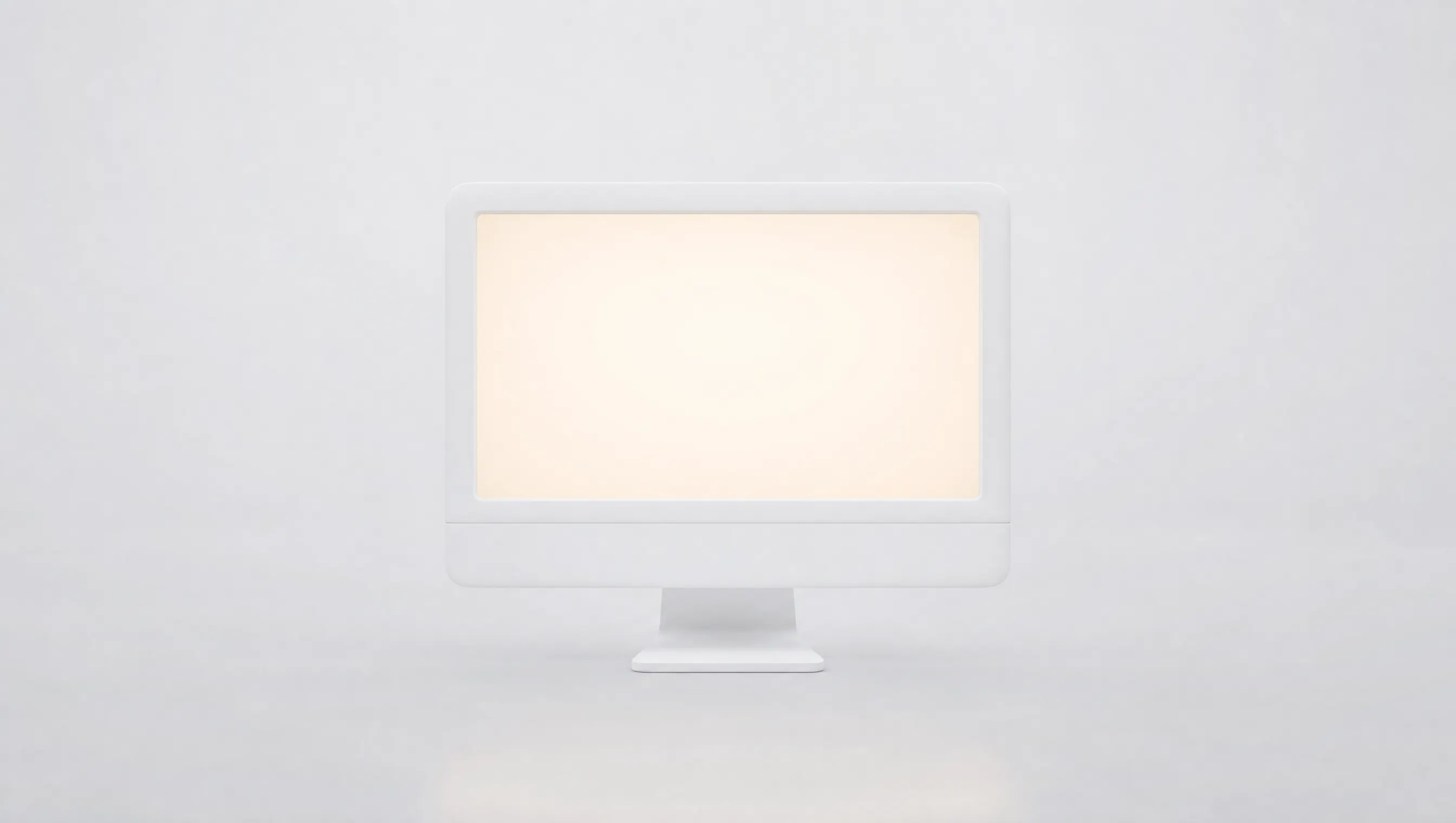 Monitor di computer scolpito in materiale bianco opaco, con lo schermo vuoto che emette un bagliore ambra caldo su fondo chiaro