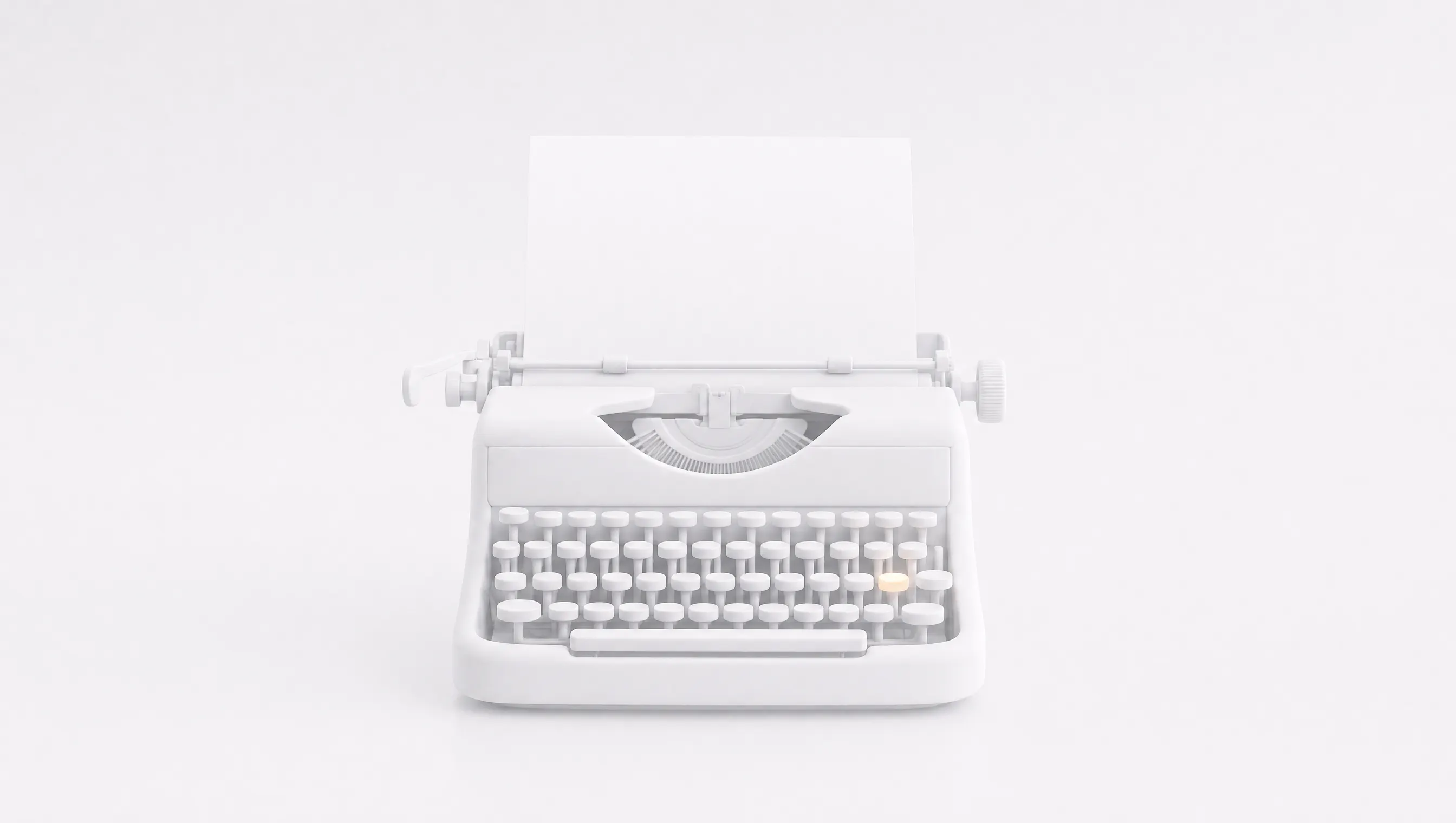 Una macchina da scrivere scolpita in materiale bianco opaco, vista frontale al centro di un fondo chiaro e vuoto, con un foglio bianco inserito nel rullo e un solo tasto della tastiera acceso da un tenue bagliore ambra