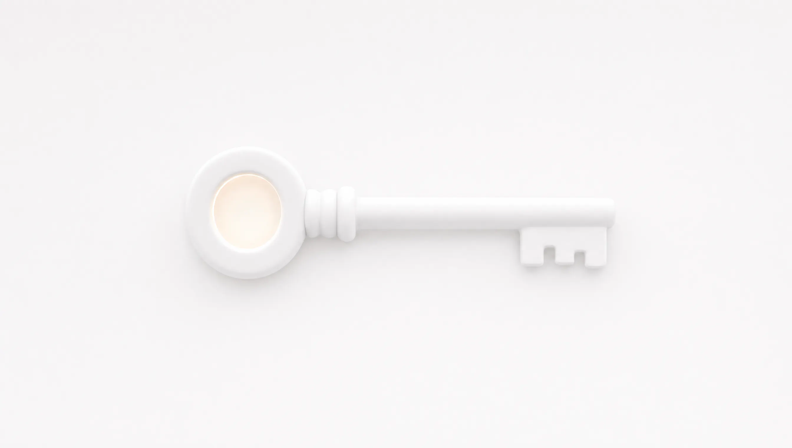 Chiave classica in materiale bianco opaco, orizzontale e centrata, con un bagliore ambra dentro l'anello, su fondo chiaro uniforme
