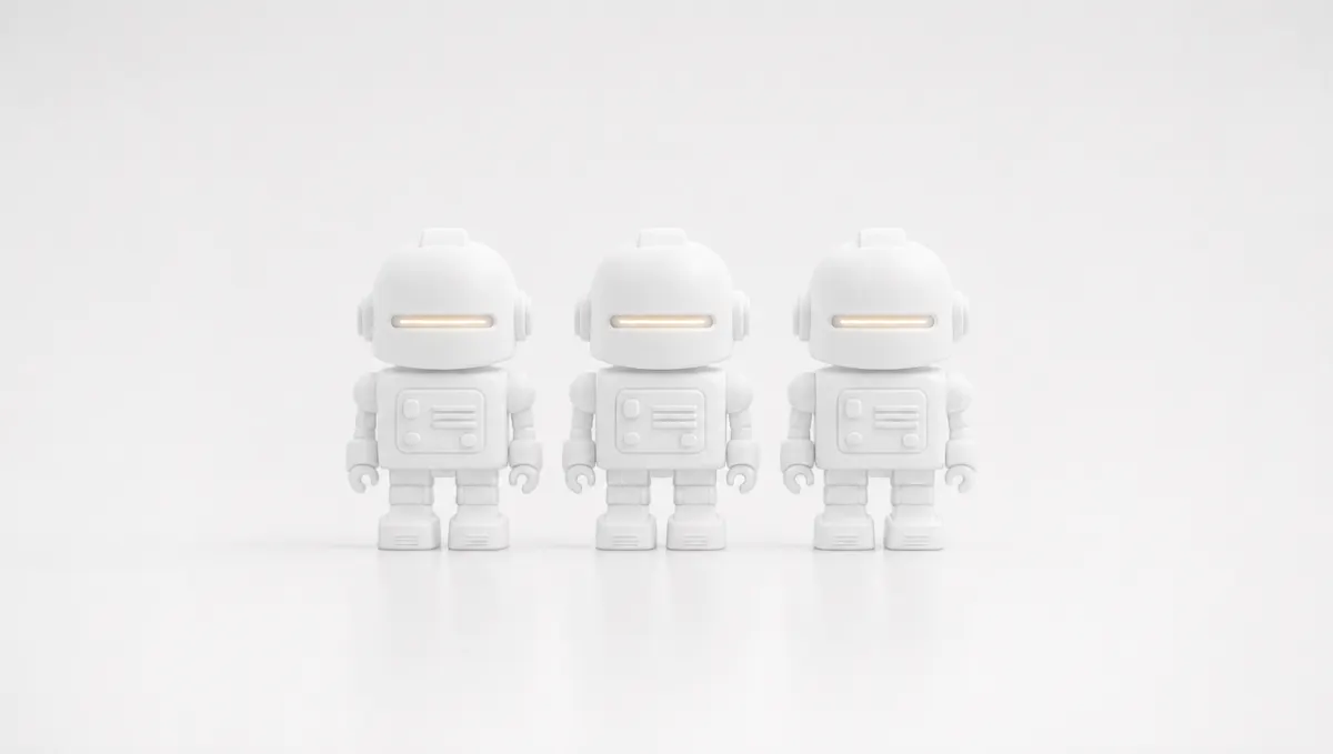 Tre piccoli robot giocattolo identici, scolpiti in materiale bianco opaco e allineati al centro di un fondo chiaro e vuoto, ciascuno con una sottile fessura del visore che emette un tenue bagliore ambra