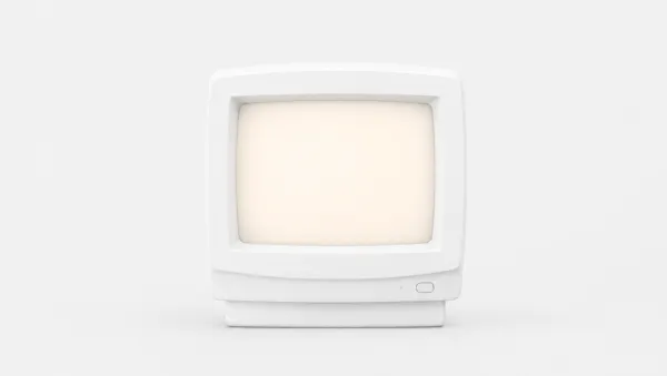 Vecchio monitor a tubo catodico scolpito in materiale bianco opaco, su fondo chiaro, con lo schermo vuoto che emette un tenue bagliore ambra