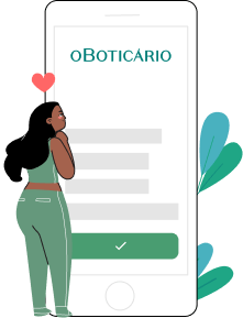 Imagem com ícone de celular com tela da marca O Boticário e uma mulher olhando para a tela com ícone de coração vermelho acima da mulher.