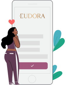 Ilustração de uma pessoa olhando para um celular com o logo de Eudora.