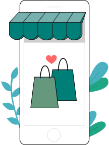 Imagem com ícone de celular com tela mostrando duas sacolas de cor verde e um telhado, que deixa o celular semelhante à uma loja comercial.