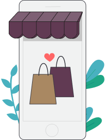 Ilustração de um celular com bolsas de compras.