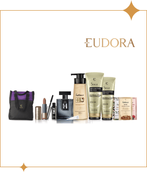 Imagem de fundo branco com logo de Eudora dourado e produtos de várias linhas como Siàge, Instance e Soul.