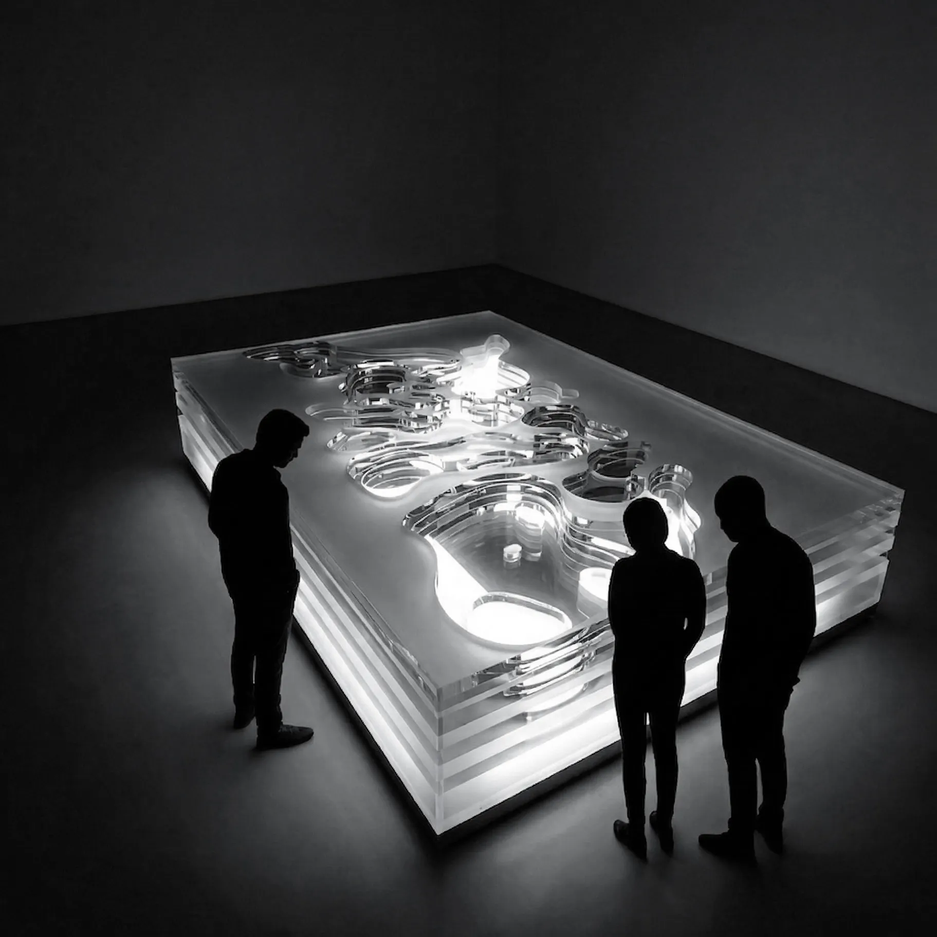 Mockup of full-sized sculpture in a gallery space with people for scale