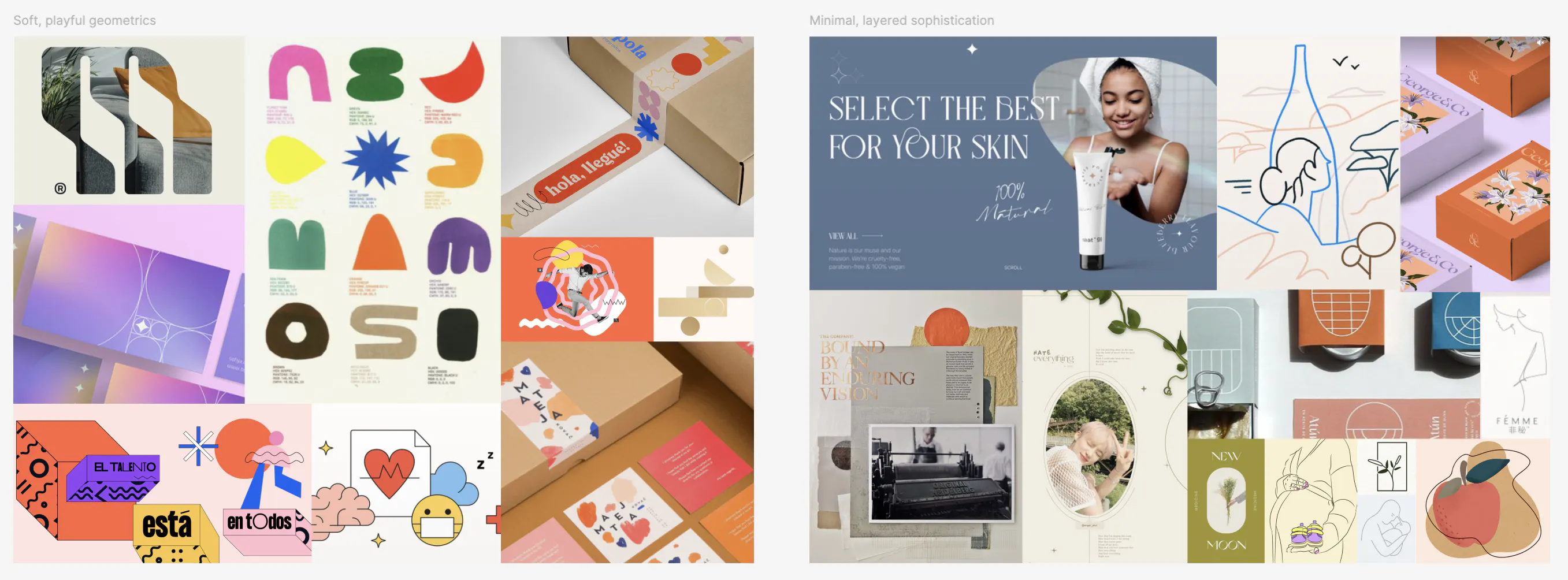 Moodboards for soft, playful geometrics and minimal, layered sophistication