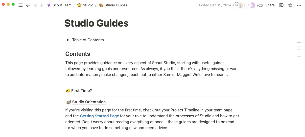 Screenshot of Studio Guides Notion page