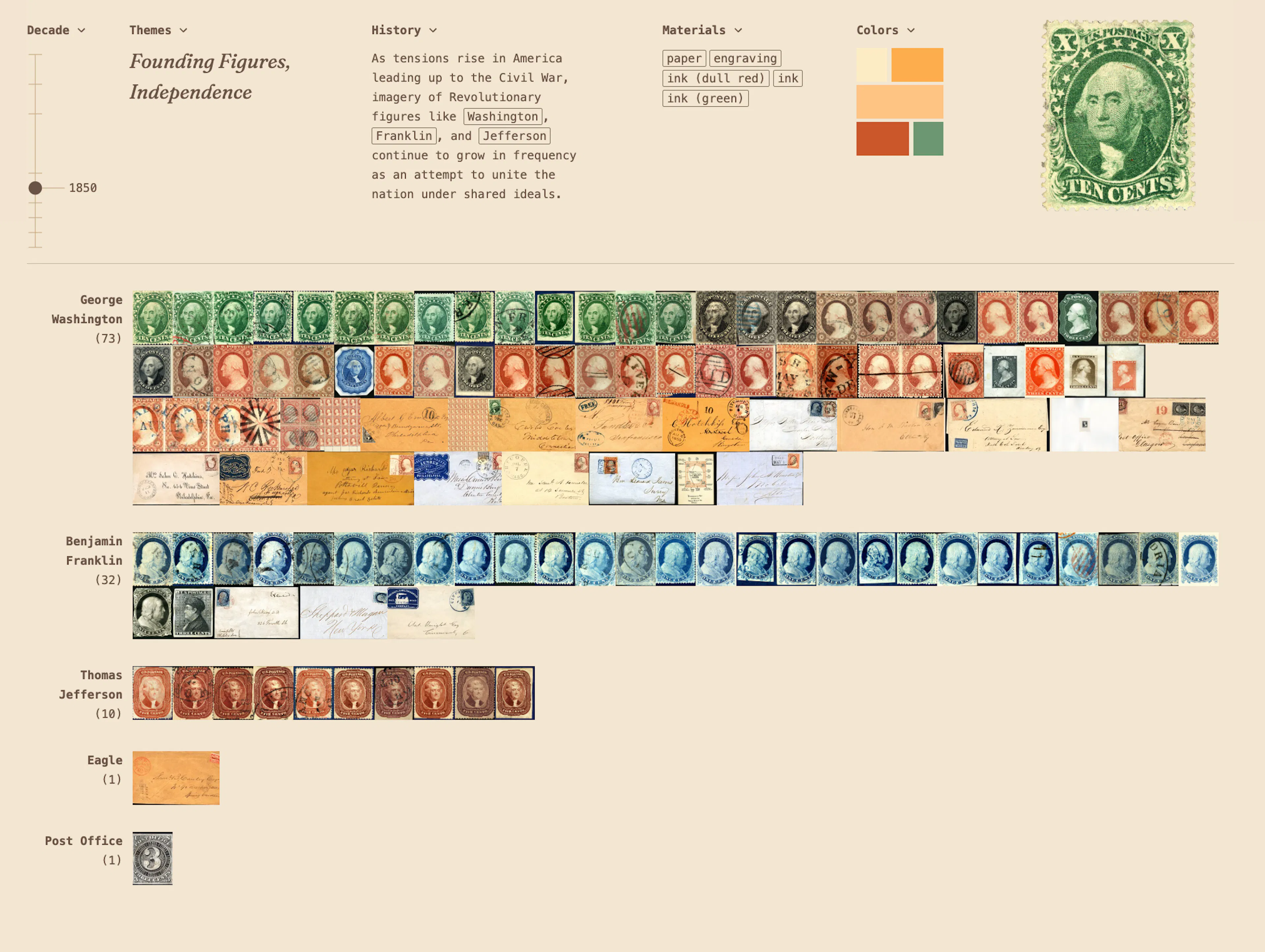 Preview of stamp collection interface sorted by visual similarity with historical information and color attributes 