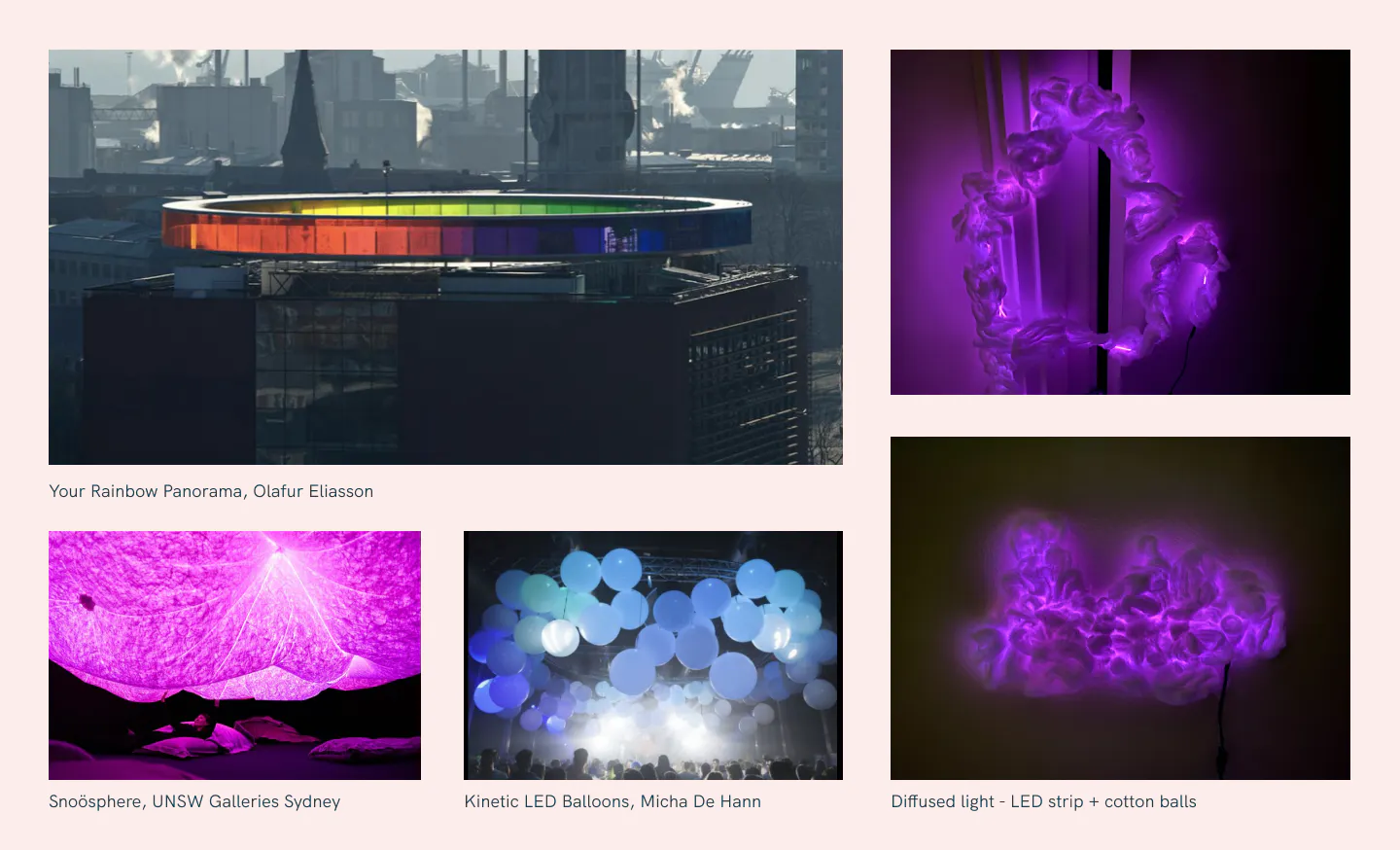 Images of similar light and color installations