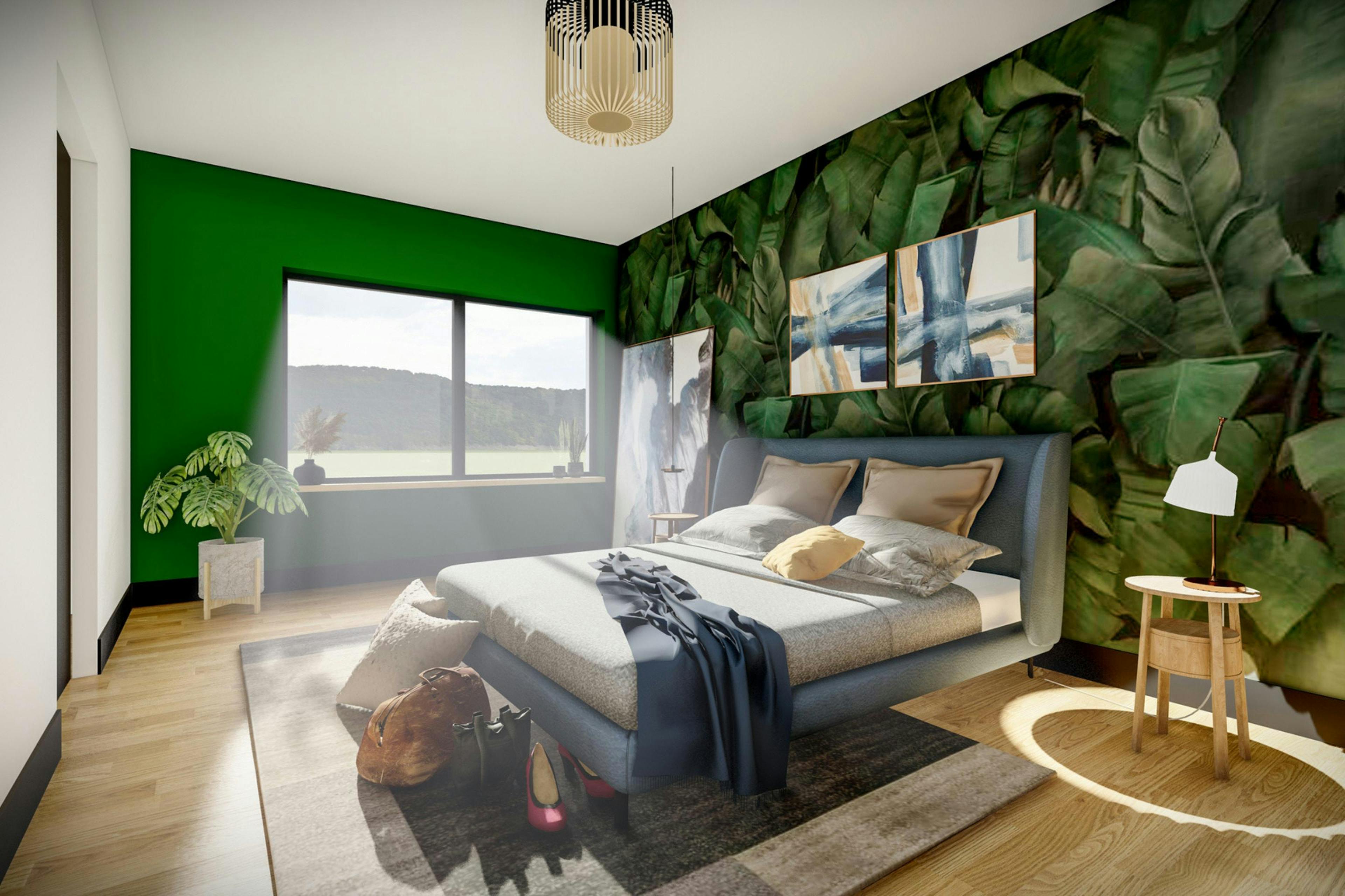 Rendu 3d chambre parentale verte avec papier peint décoratif dessiné par Maîtrise & Concept