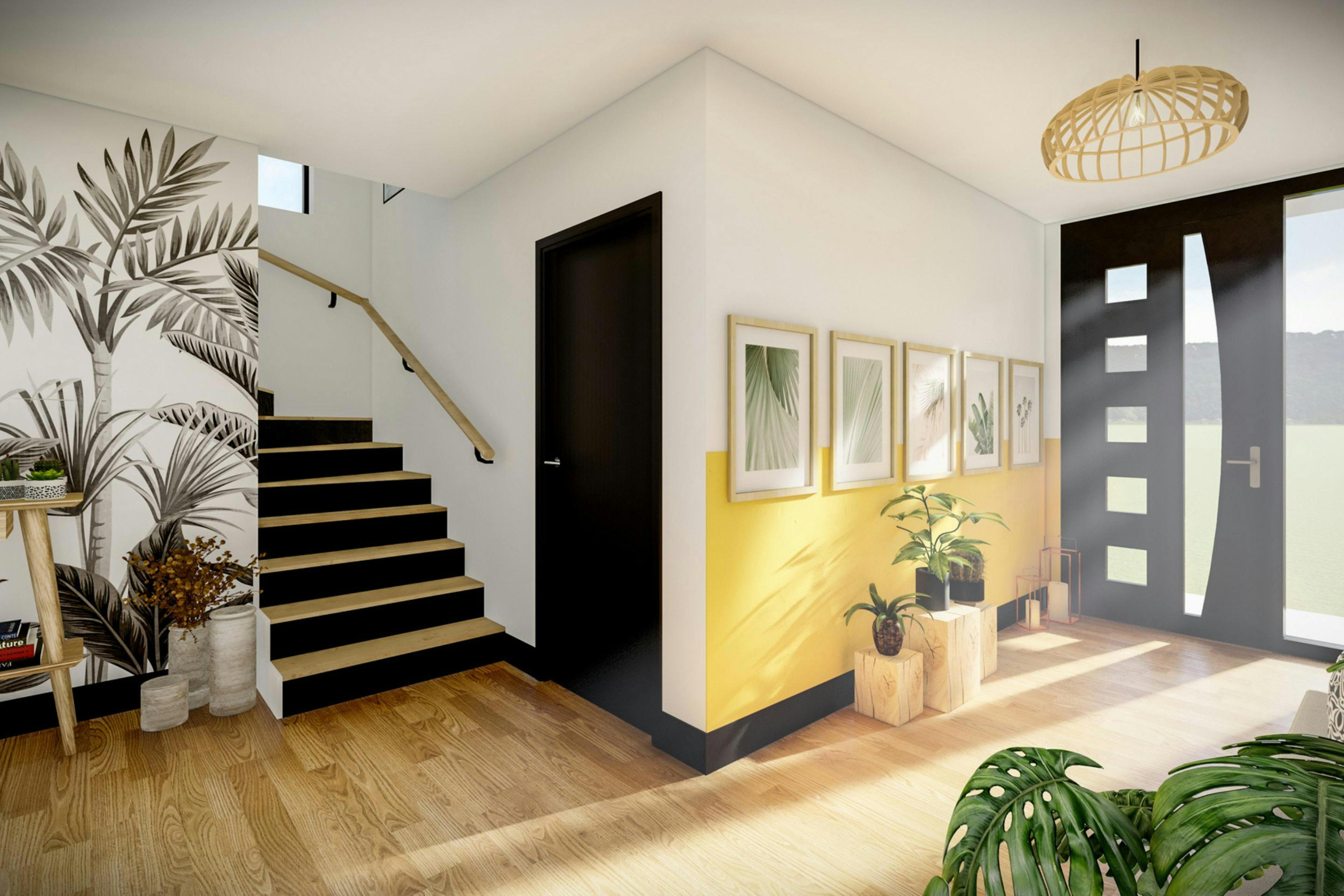 vue entrée et montée d'escaliers lumineuse dessiné par Maîtrise & Concept
