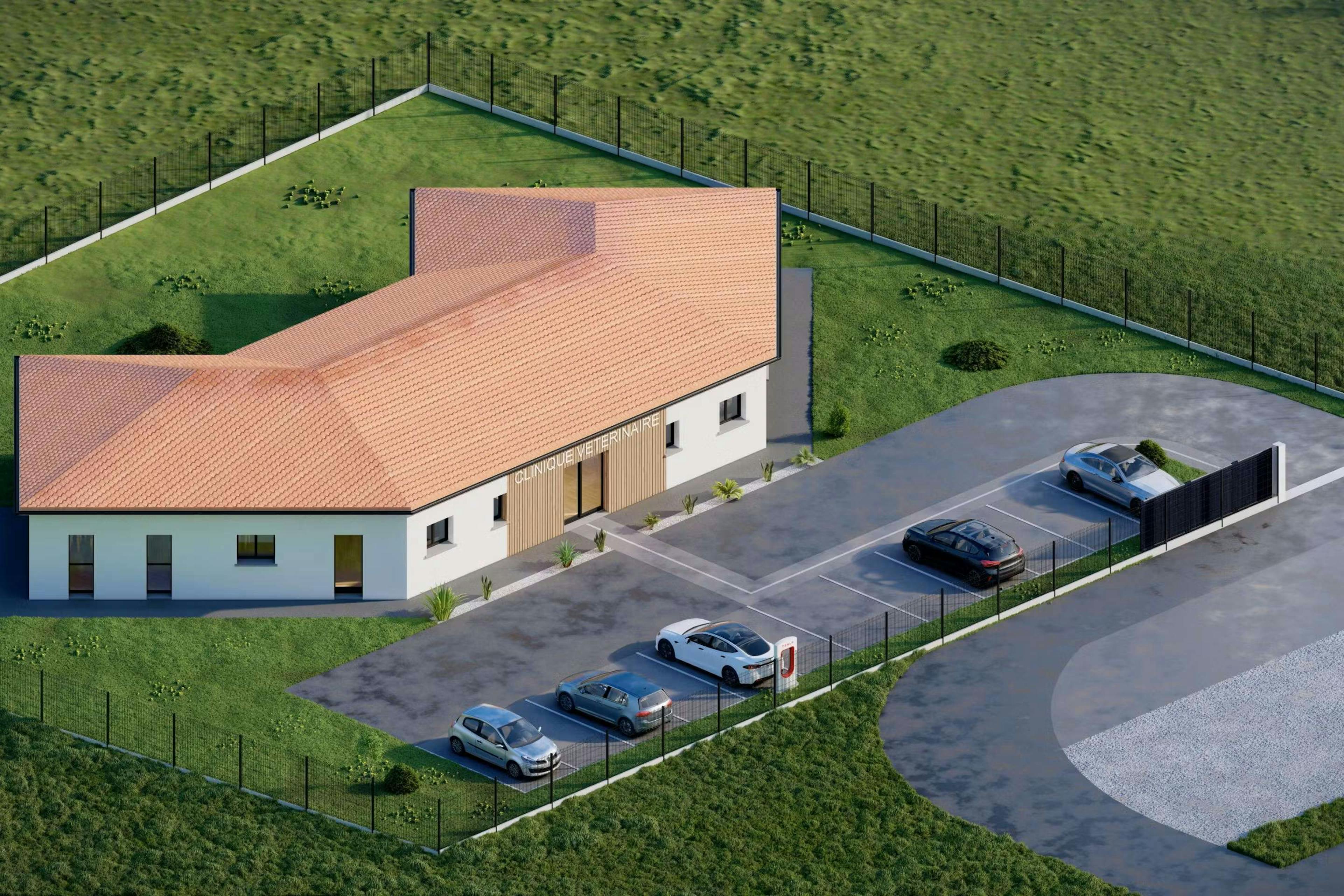 Vue aérienne d'une construction de clinique vétérinaire et son parking
