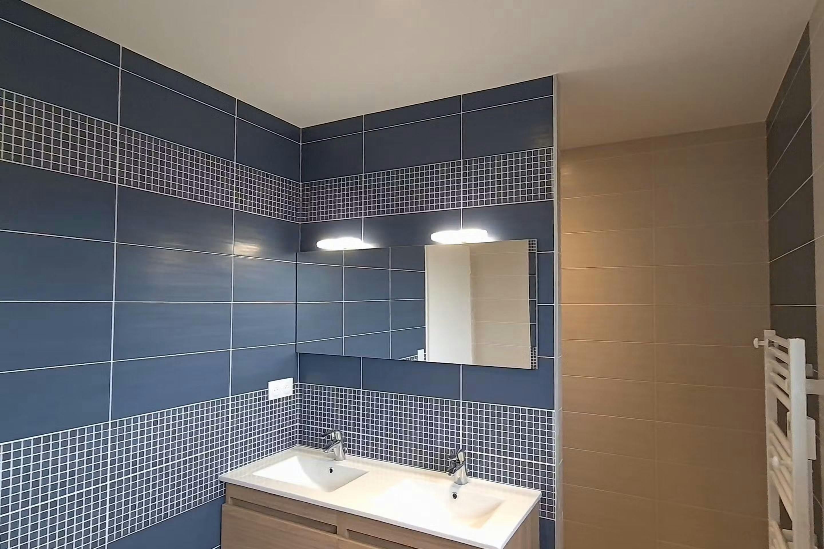 salle d'eau avec faïence et double vasque