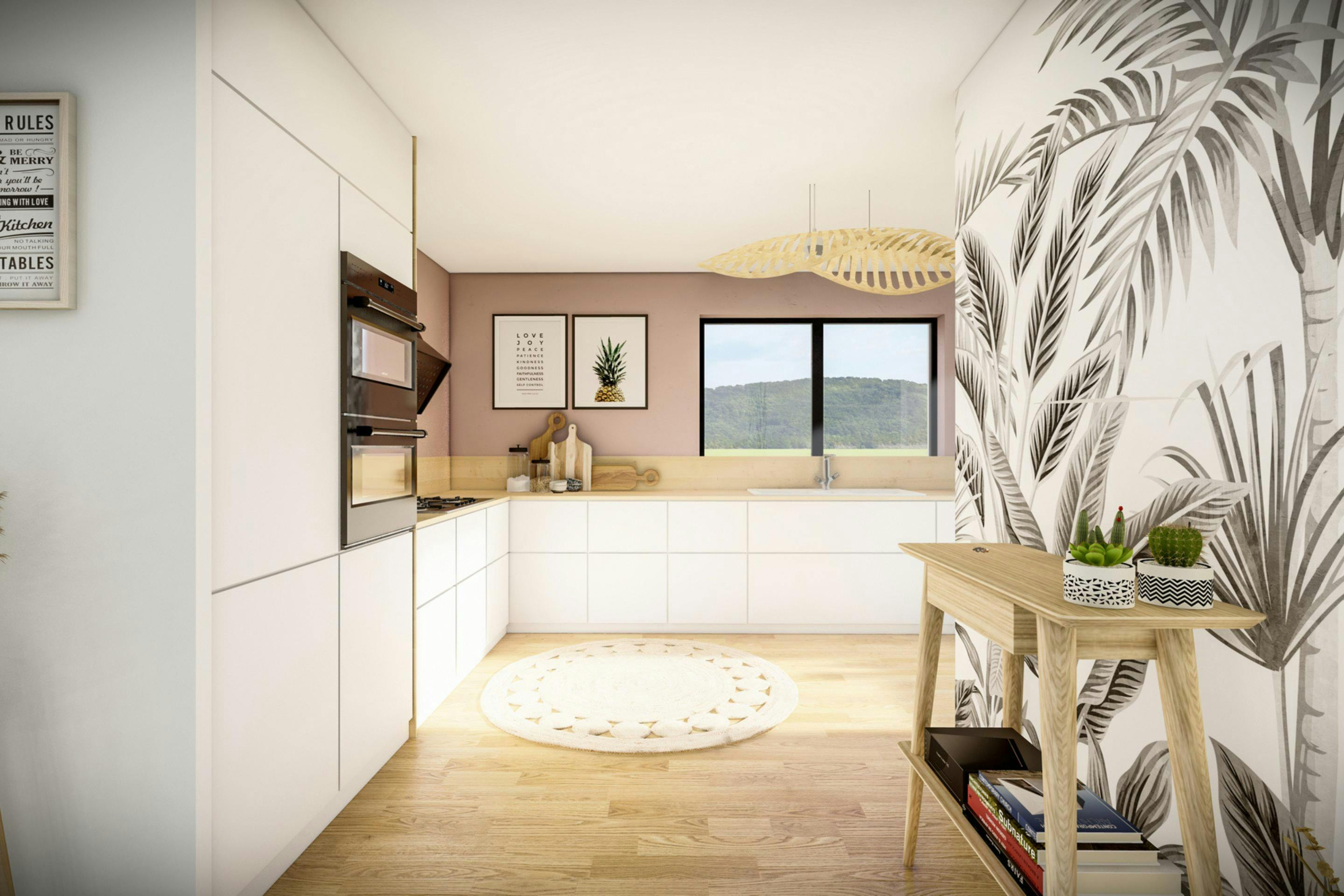 rendu 3D cuisine rose poudrée dessinée par Maîtrise & Concept