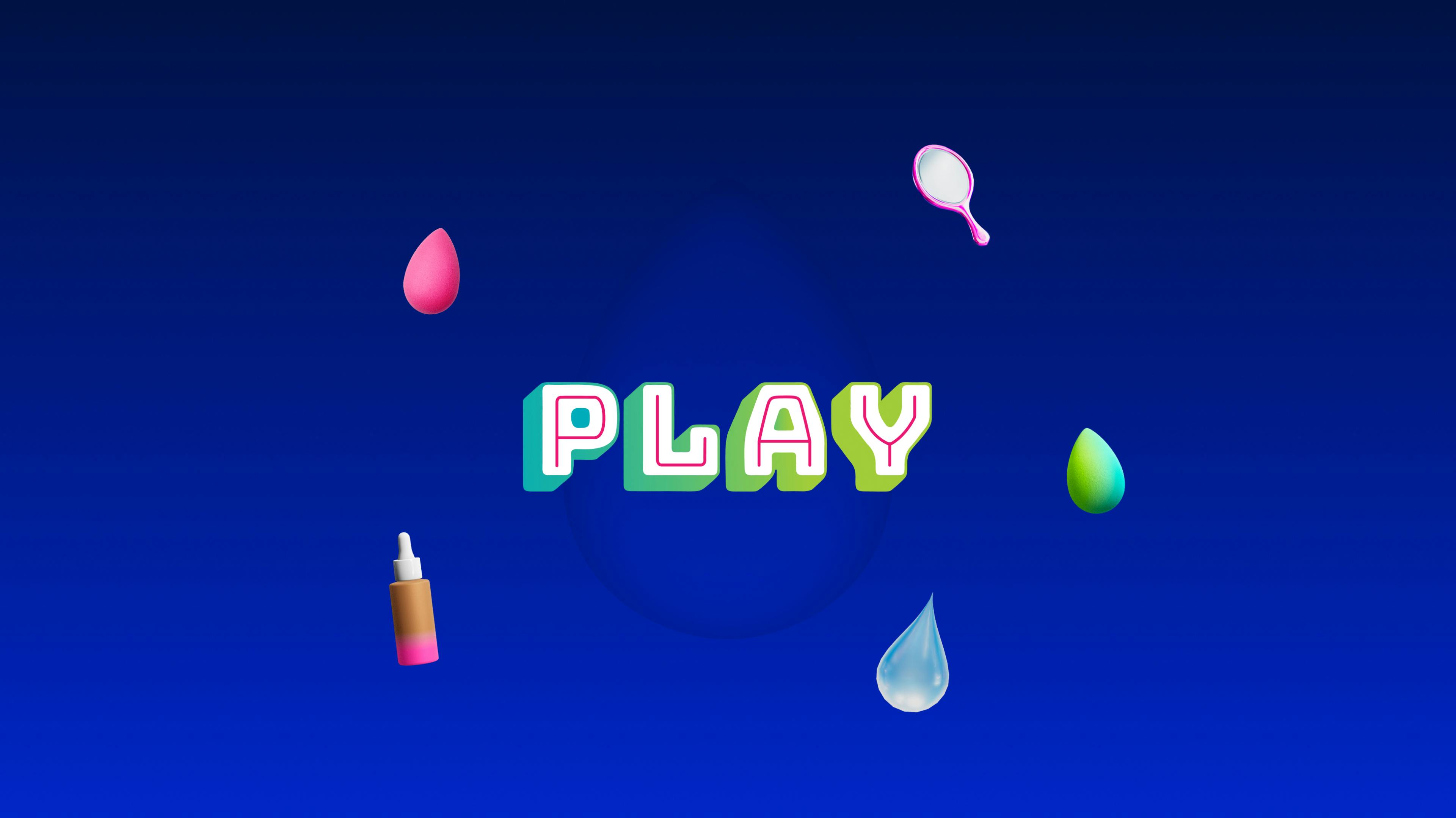 A blue background image with a big "PLAY" in the middle, surrounded by makeup products: a pink beauty blender, a pocket mirror, a concealer, a drop of water and a green beauty blender.