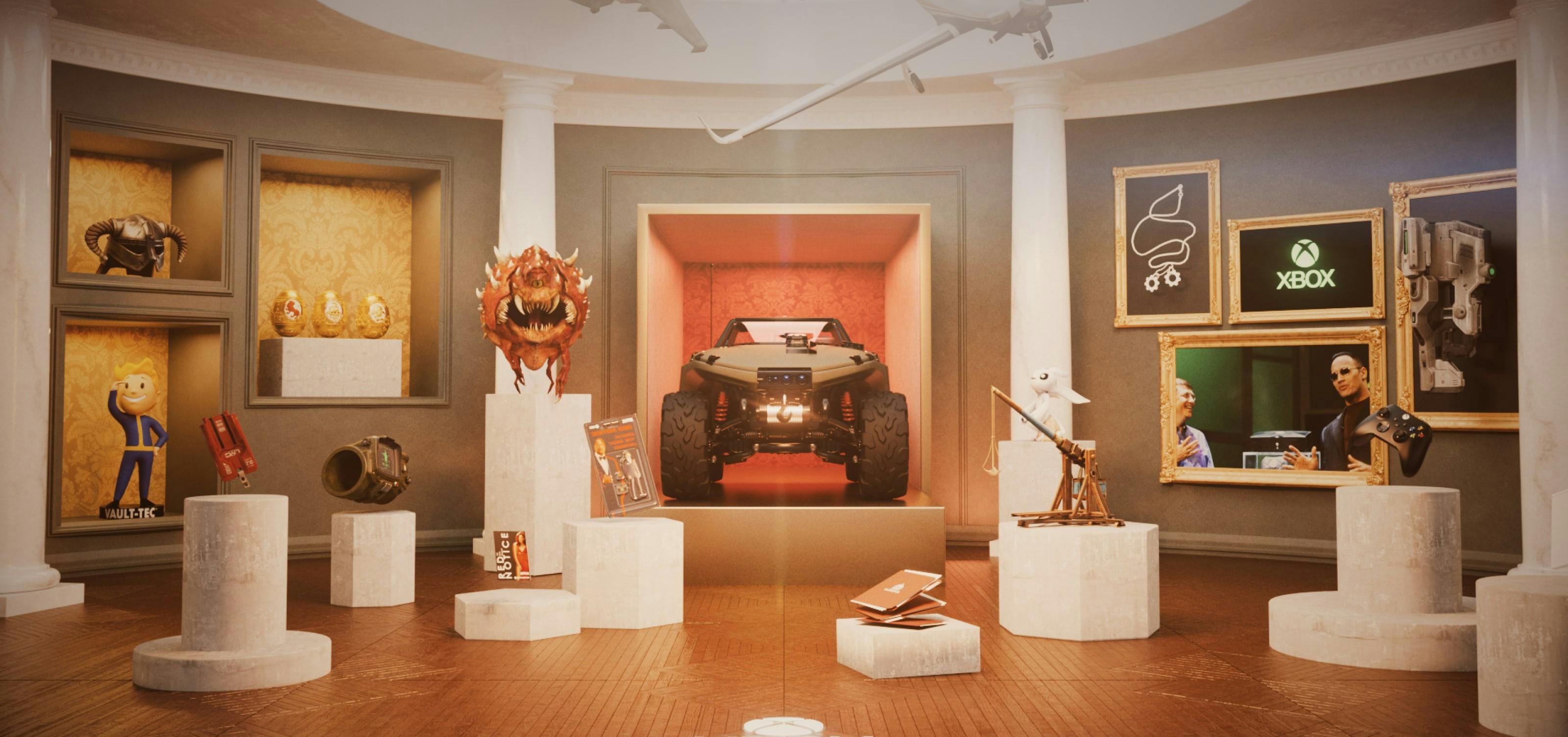 A room filled with 3D items that are referencing to the 20 year history of xbox.