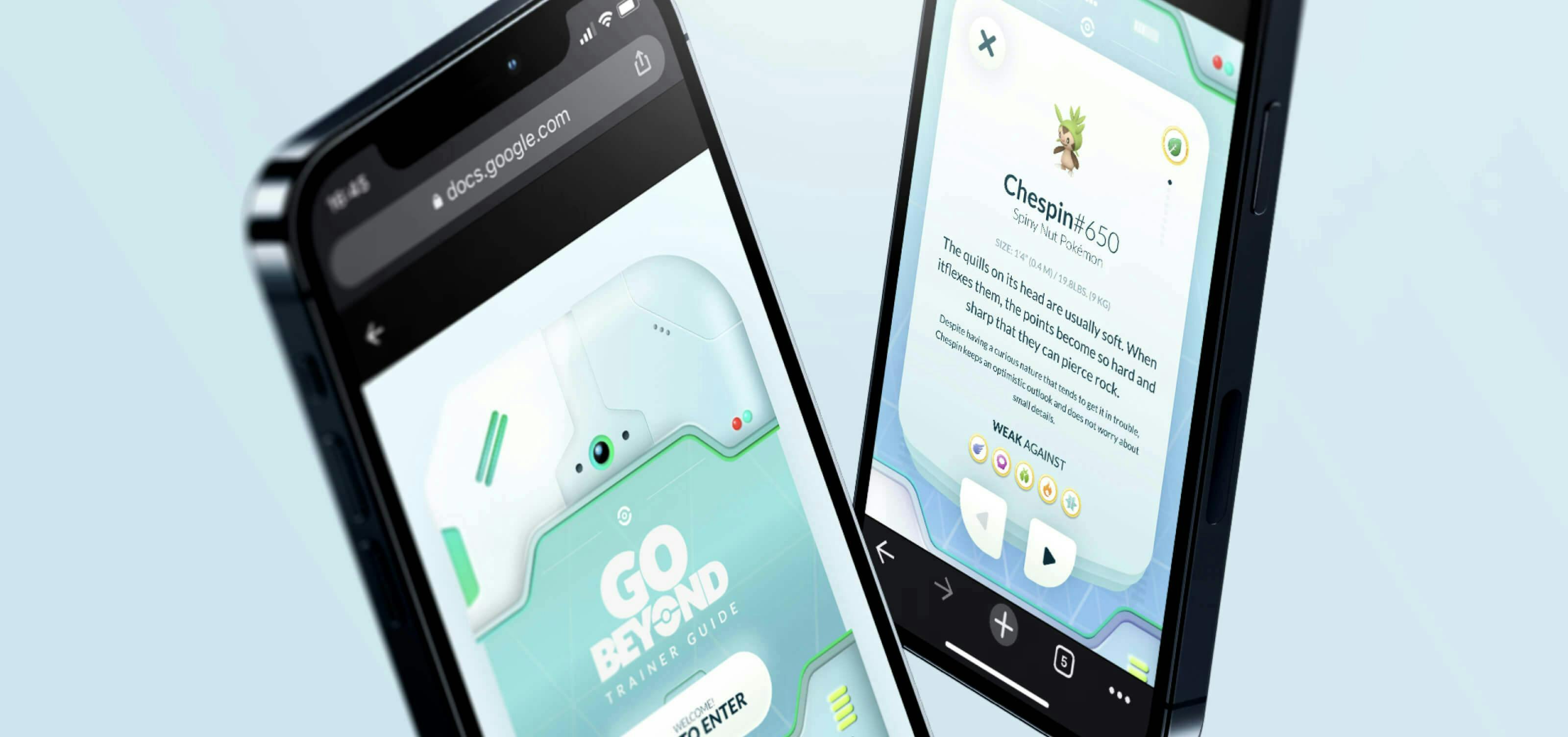 Two mobile mockups displaying the Pokemon Go Trainer Guide experience interface.