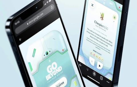 Two mobile mockups displaying the Pokemon Go Trainer Guide experience interface.