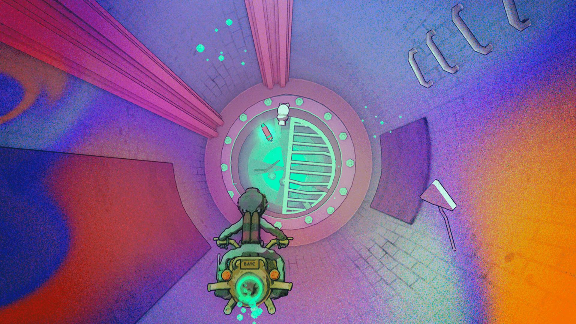 Yuga Dookey Dash game where the hero is riding a scooter inside a sewer, but the colors are psychedelic.