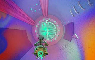 Yuga Dookey Dash game where the hero is riding a scooter inside a sewer, but the colors are psychedelic.