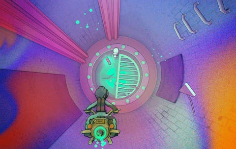 Yuga Dookey Dash game where the hero is riding a scooter inside a sewer, but the colors are psychedelic.