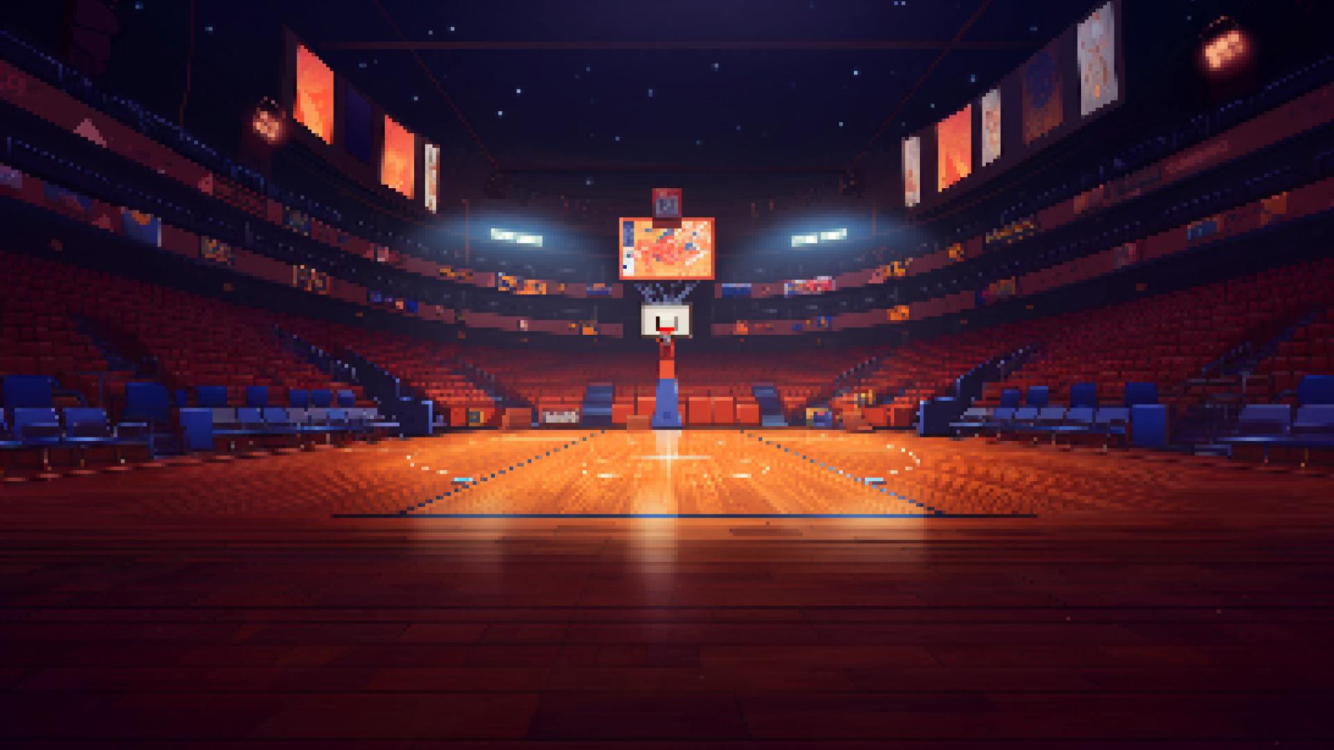 Pixel art illustration of an empty basketball court.