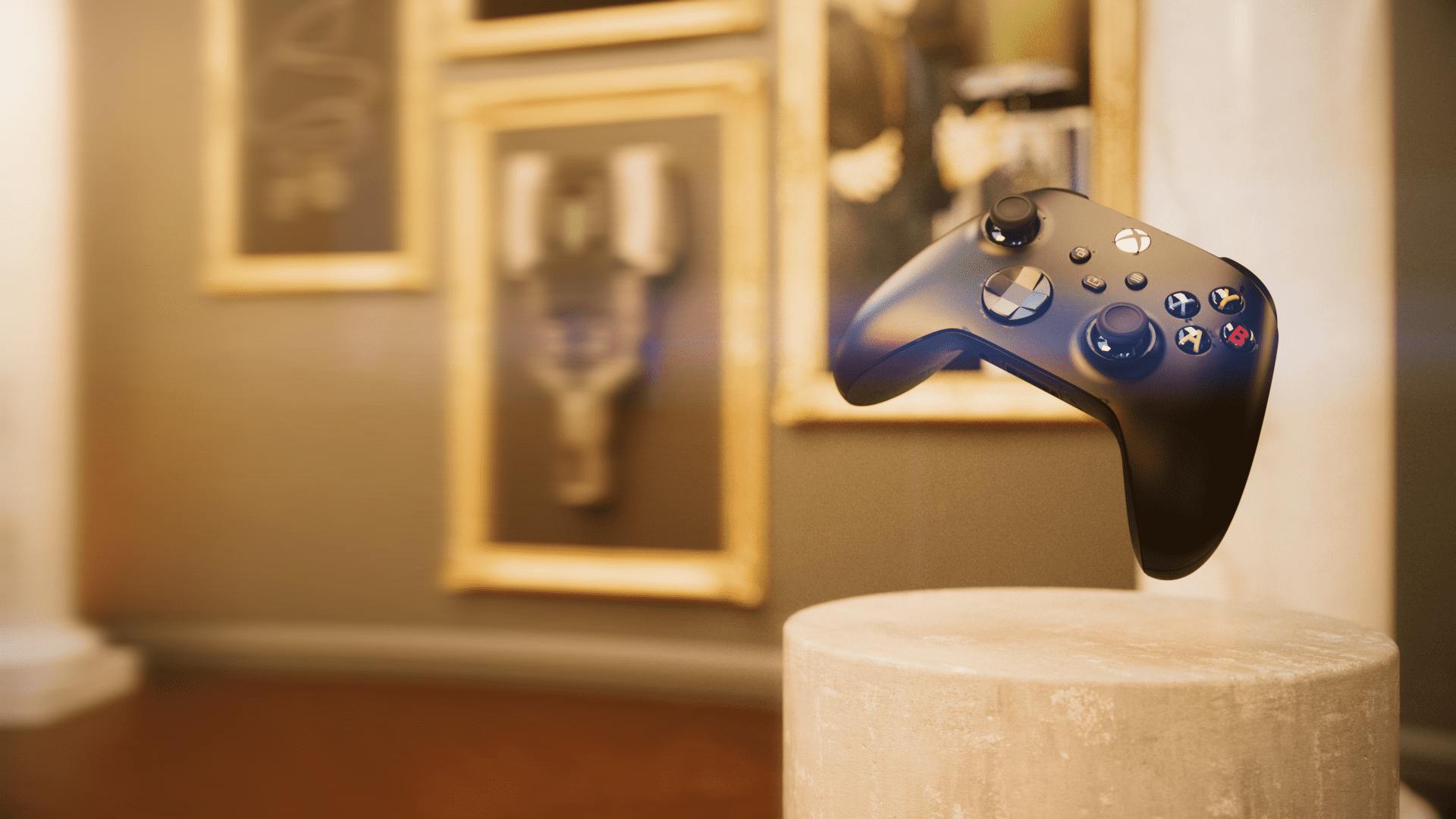 Xbox controller floating in a museum.