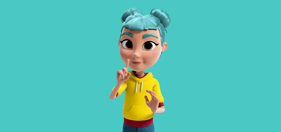 3D character from Storysign, on a blue background