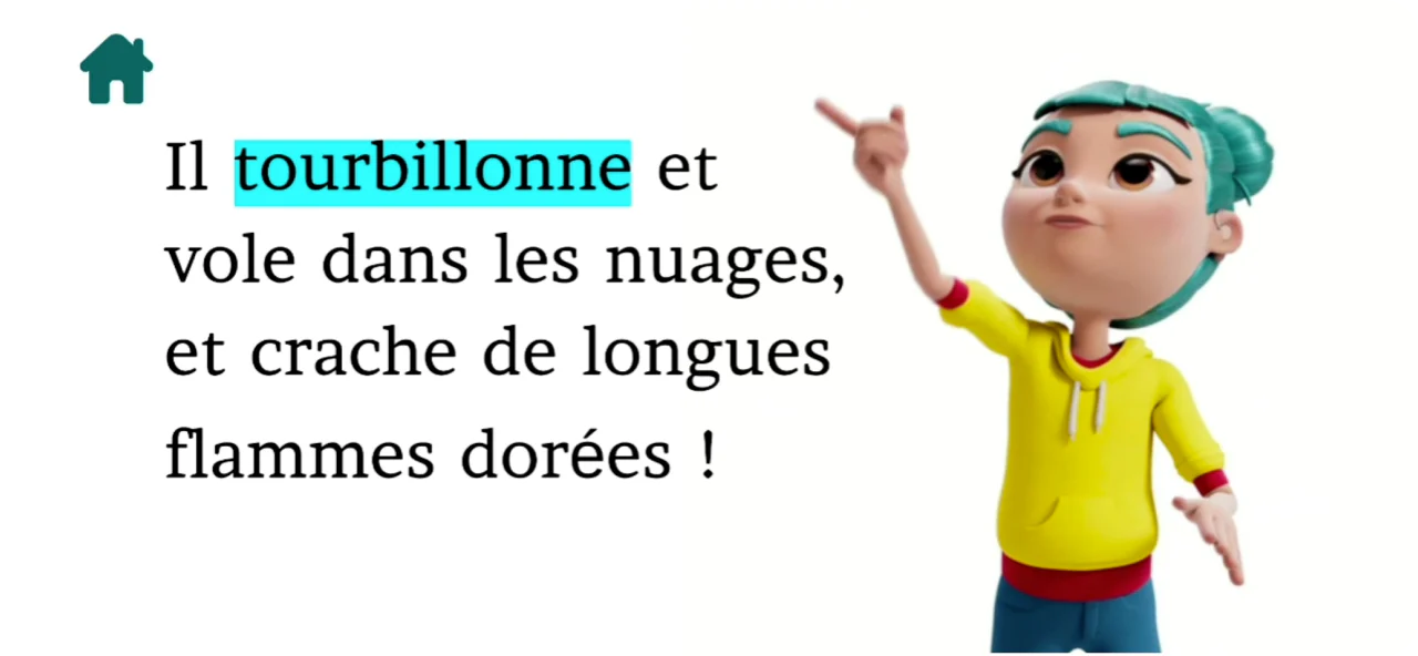 3D character signing "Il tourbillonne et vole dans les nuages, et crache de longues flammes dorées!"