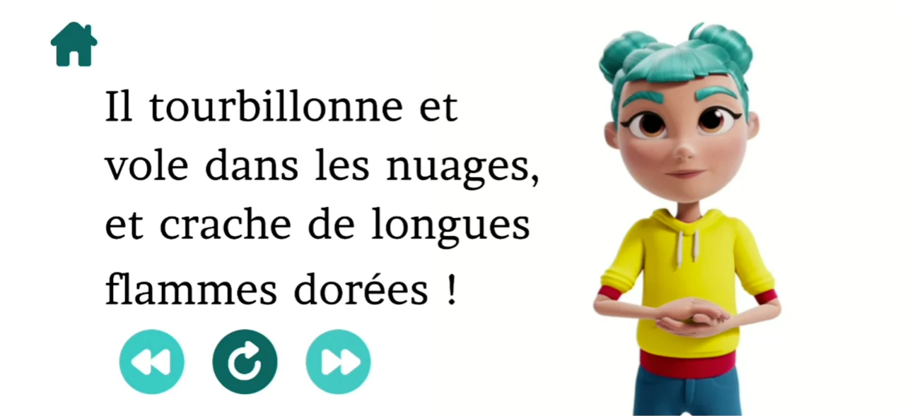 3D character signing "Il tourbillonne et vole dans les nuages, et crache de longues flammes dorées!"
