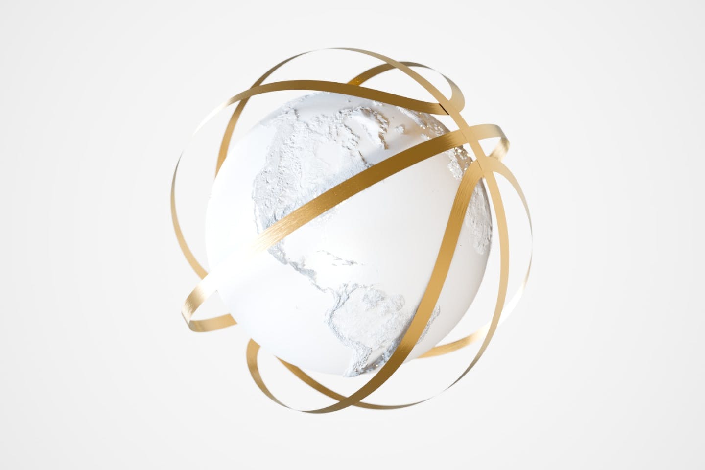 View of the entire planet in an all-white AD, the golden rings surrounding it form a basketball.