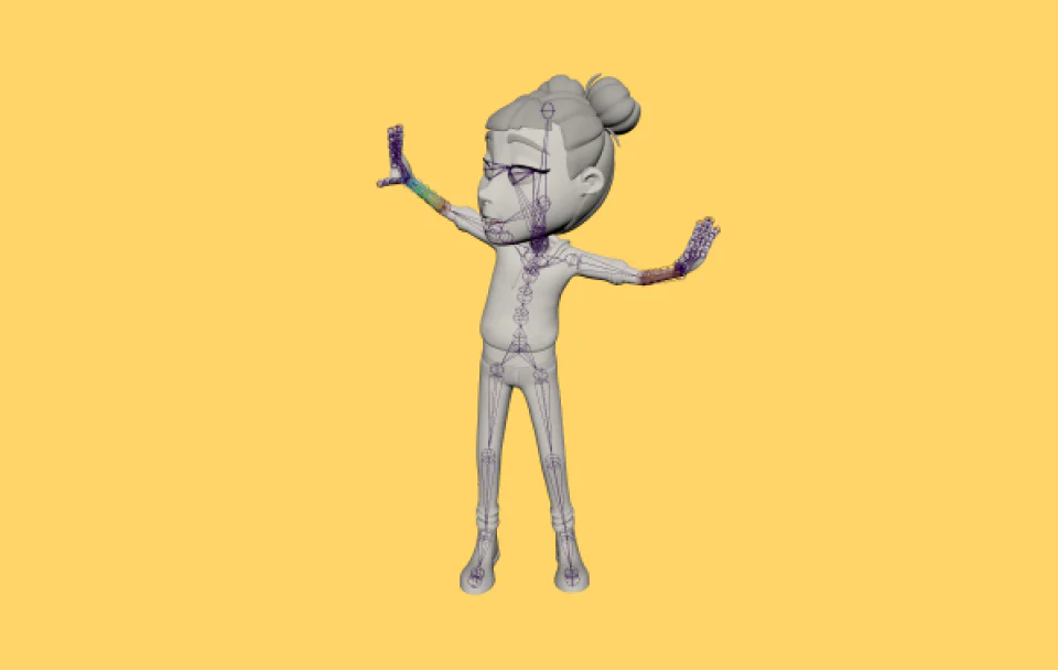 3D animated character on a yellow background