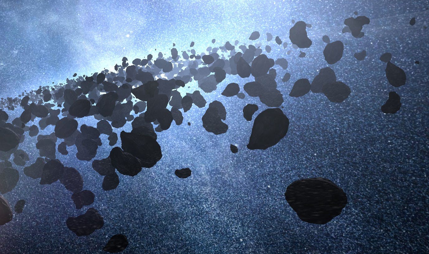 Picture of asteroids in space.