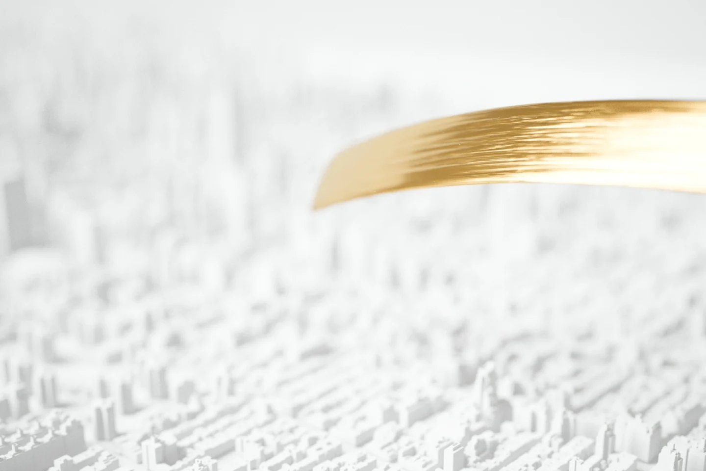 Very close up of the 3D planet where we see the building skyline. And just above the building, we see a golden ring.