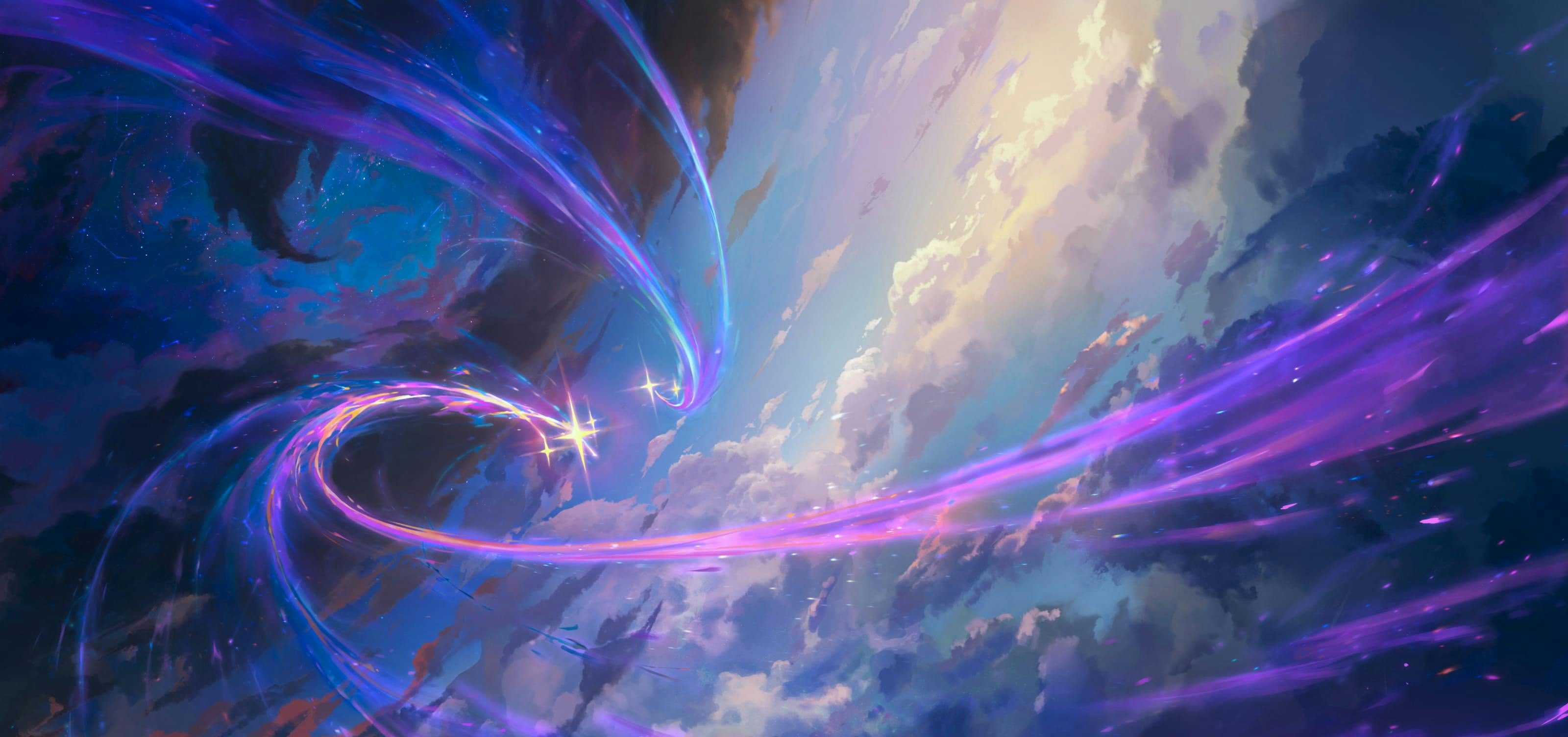 Illustration of Valoran sky, we see the star guardian magical trails across the clouds.
