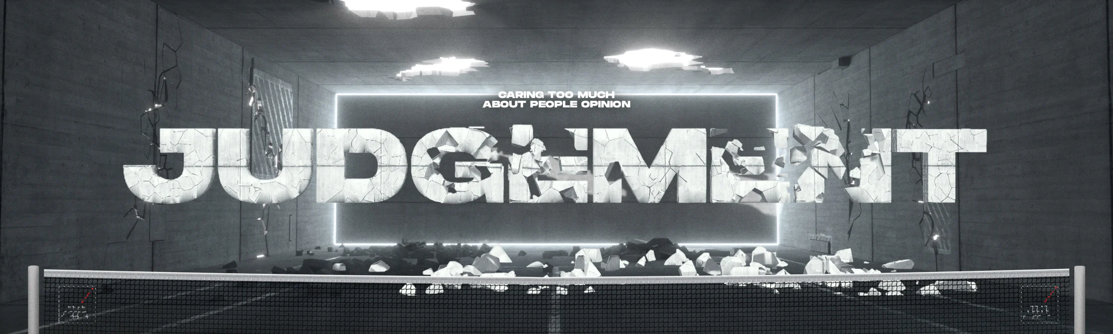 The word Judgement is written across the screen, the word is all broken and pieces are falling to the ground.