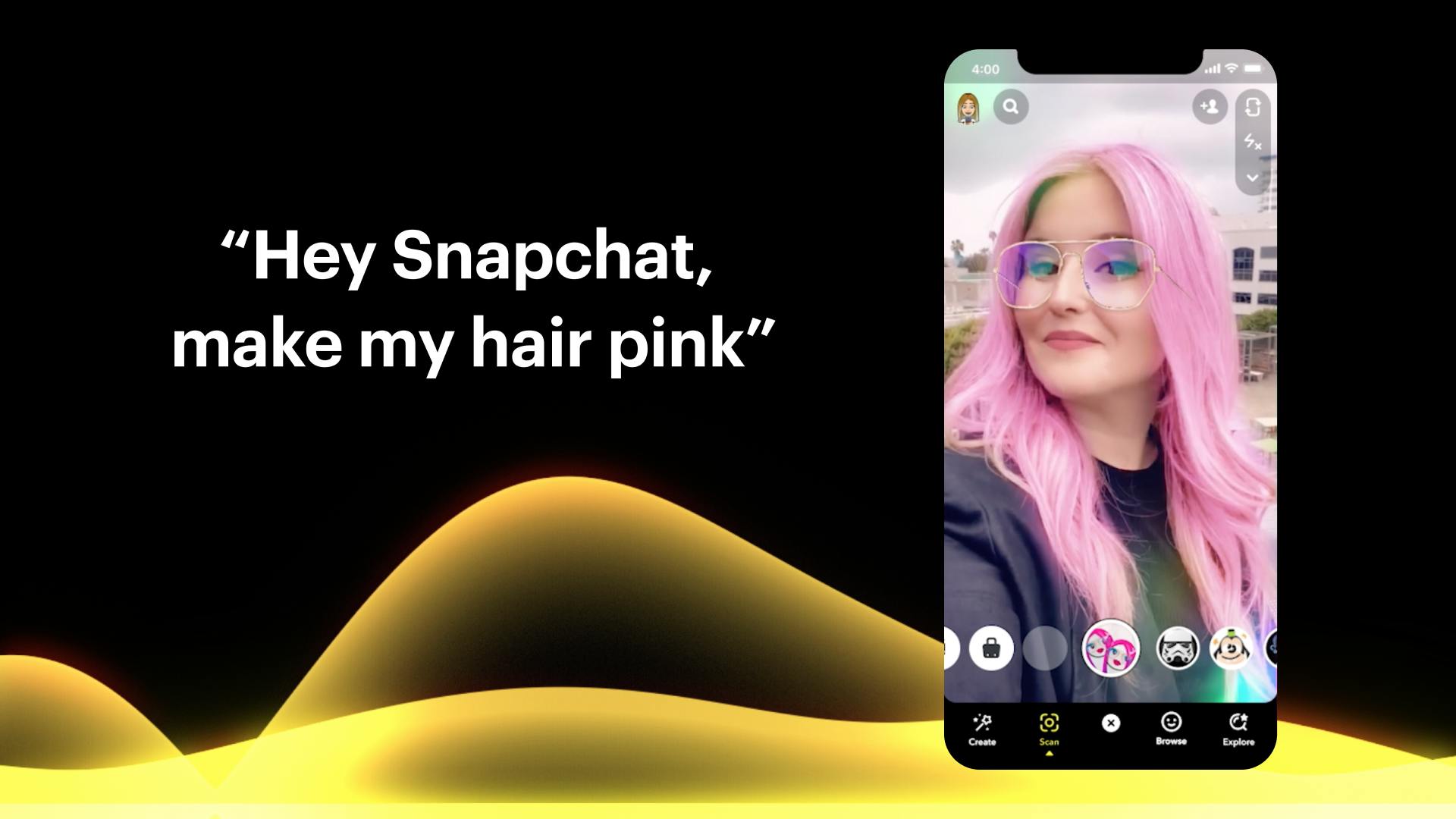 Hey Snapchat, make my hair pink. Selfie with a woman with pink hair.
