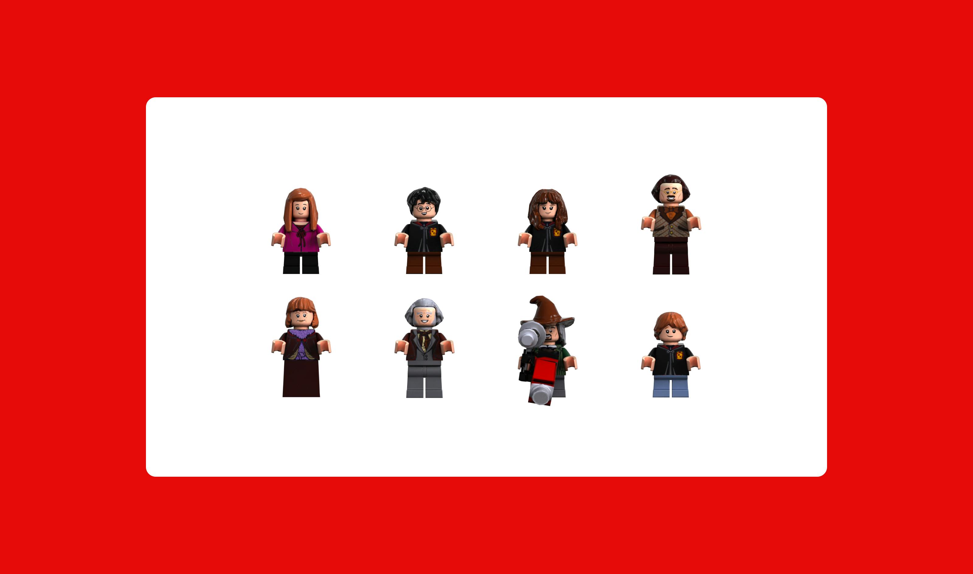 Harry Potter characters in lego (Ginny, Harry, Hermione, the ice merchant, Mrs Weasley, Ollivander, the photographer, Ron)