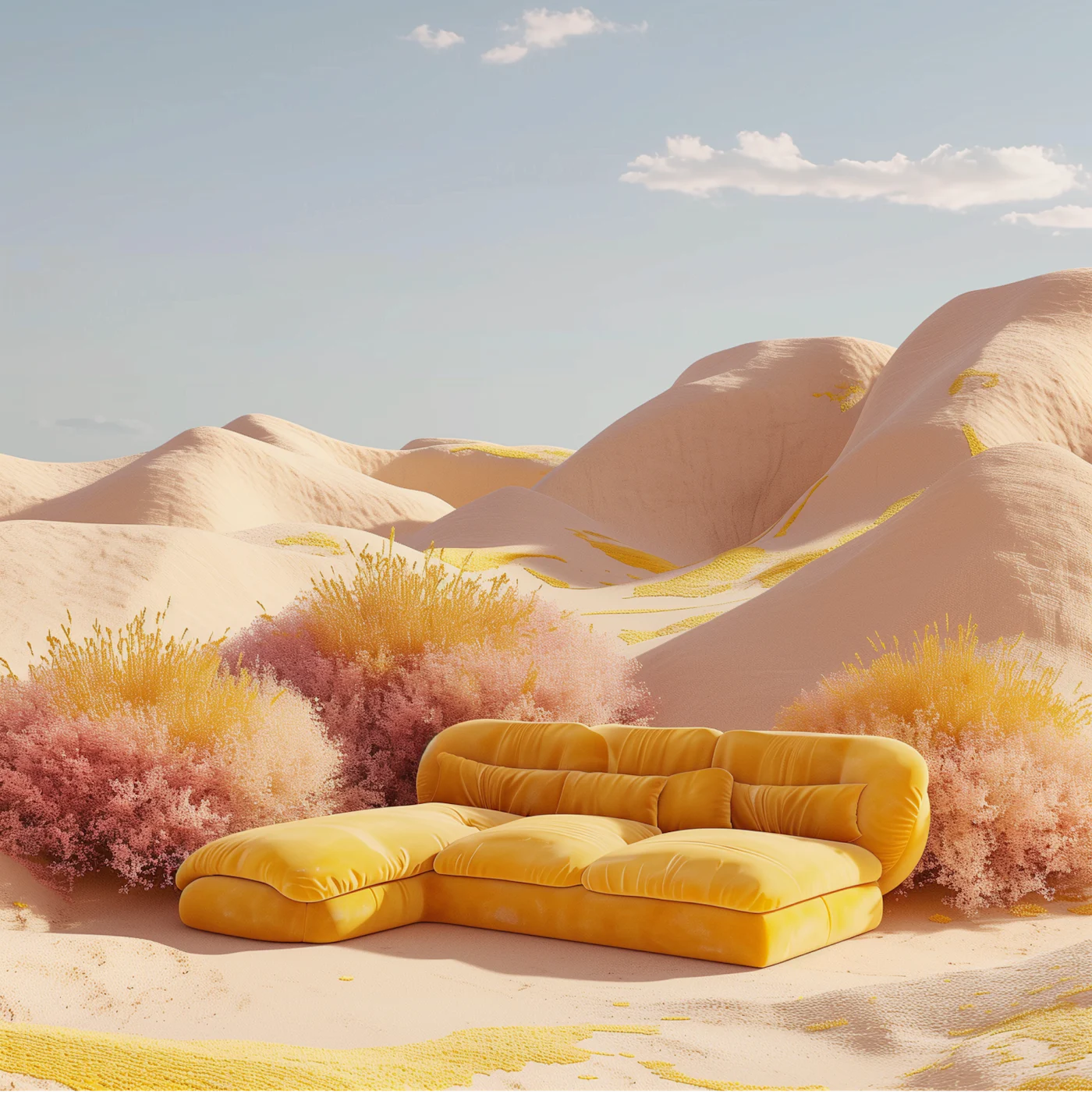 A yellow couch in the middle of a dessert