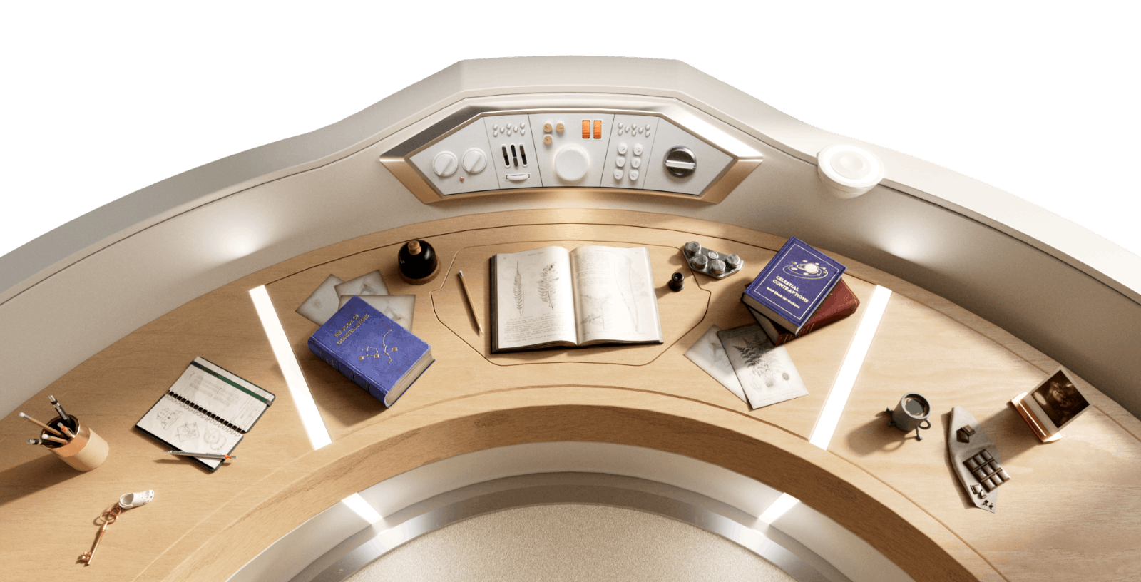 A desk featuring a dashboard and an open book resting on its surface.