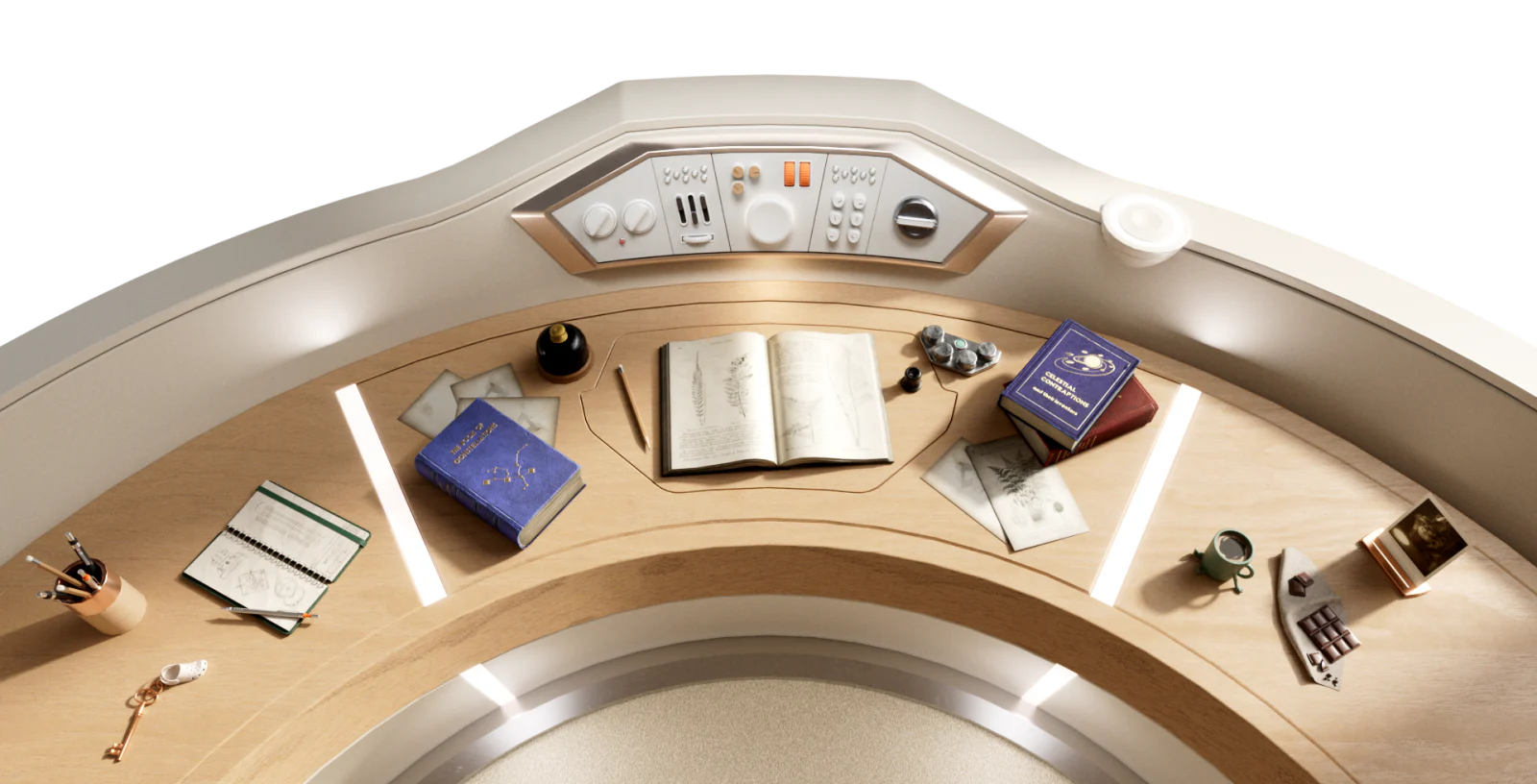A desk featuring a dashboard and an open book resting on its surface.