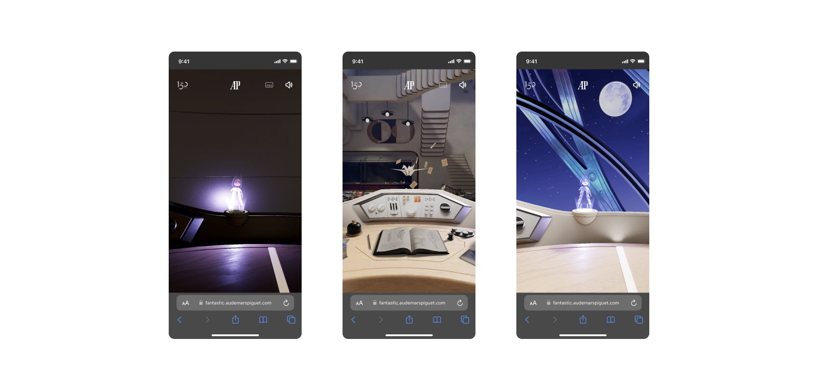 Three screens display various views of a spaceship, showcasing its design and features from different angles.
