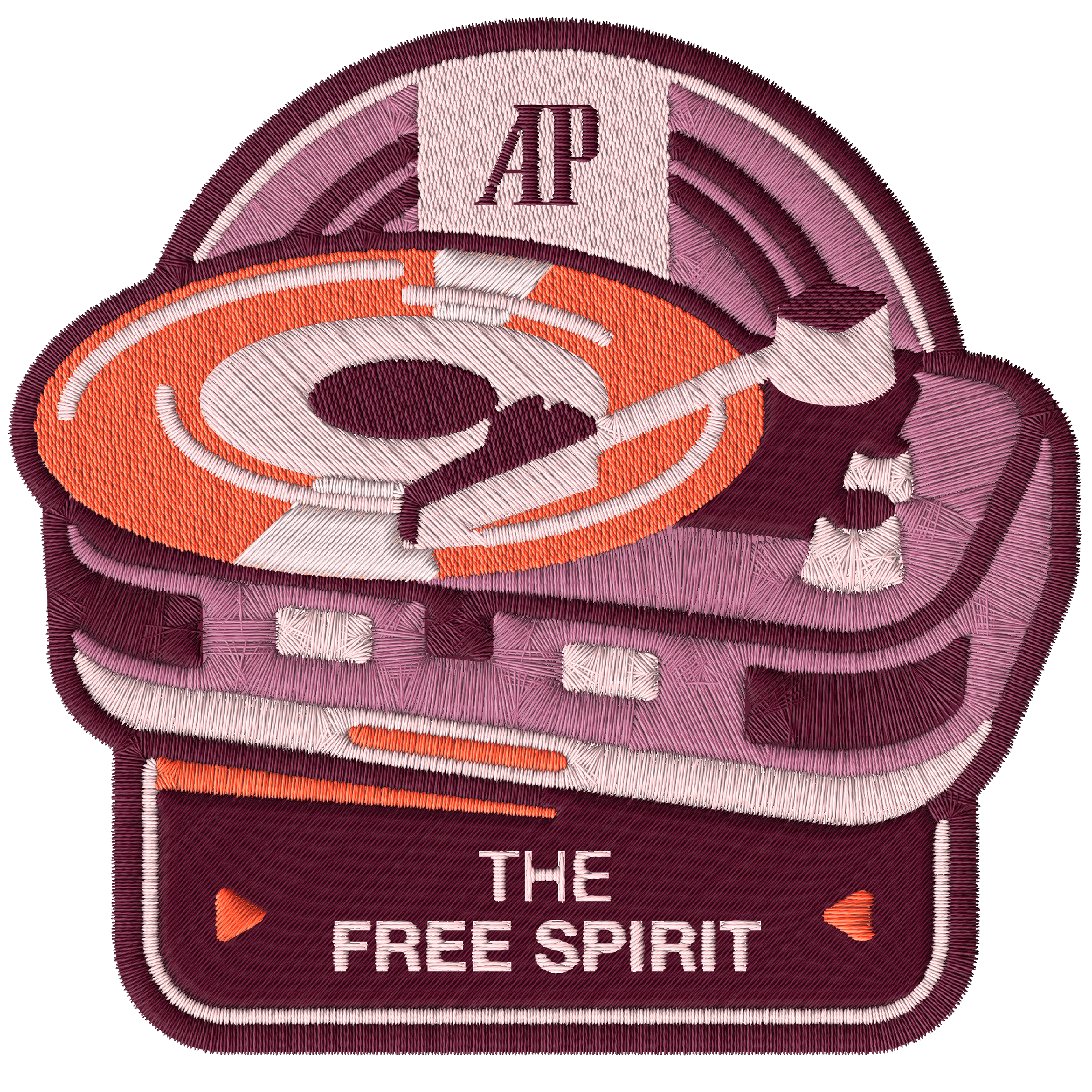 Embroidered patch of a record player with the text “THE FREE SPIRIT” and “AP” on top.