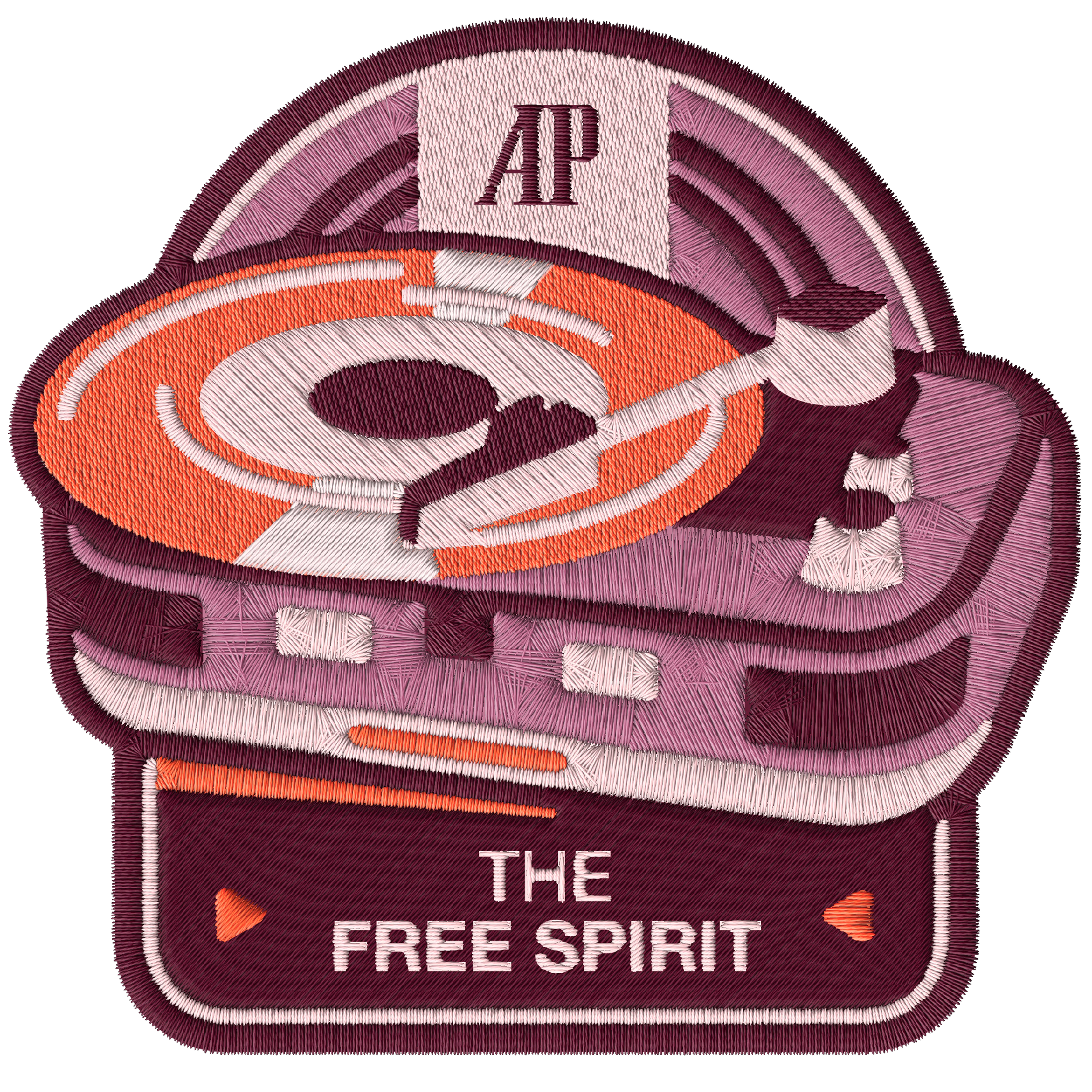 Embroidered patch of a record player with the text “THE FREE SPIRIT” and “AP” on top.